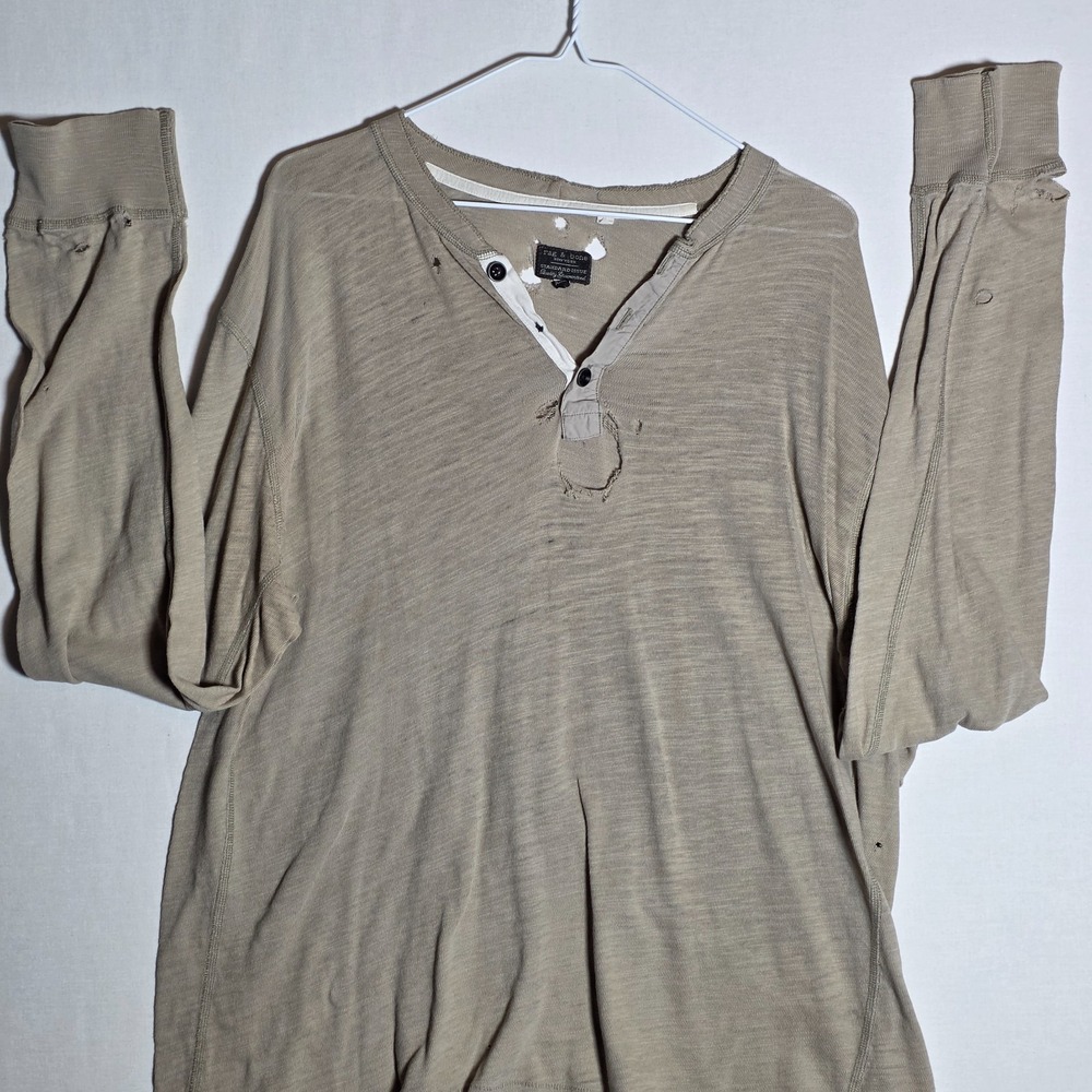 Rag & Bone Standard Issue Khaki Green Distressed Henley with Holes 2XL XXL